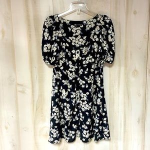 Zara Black Daisy Print Puff Sleeve Button Down Scoop Neck Dress, Sz L